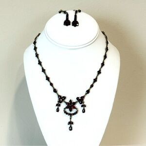 Vintage Red Garnet Bohemian Necklace & Screwback Earrings Set Victorian Revival